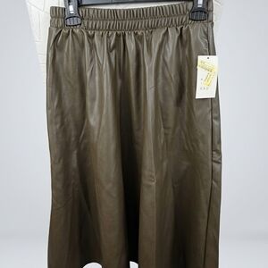a.n.a Olive Green Faux Leather Midi Skirt with Elastic Waist